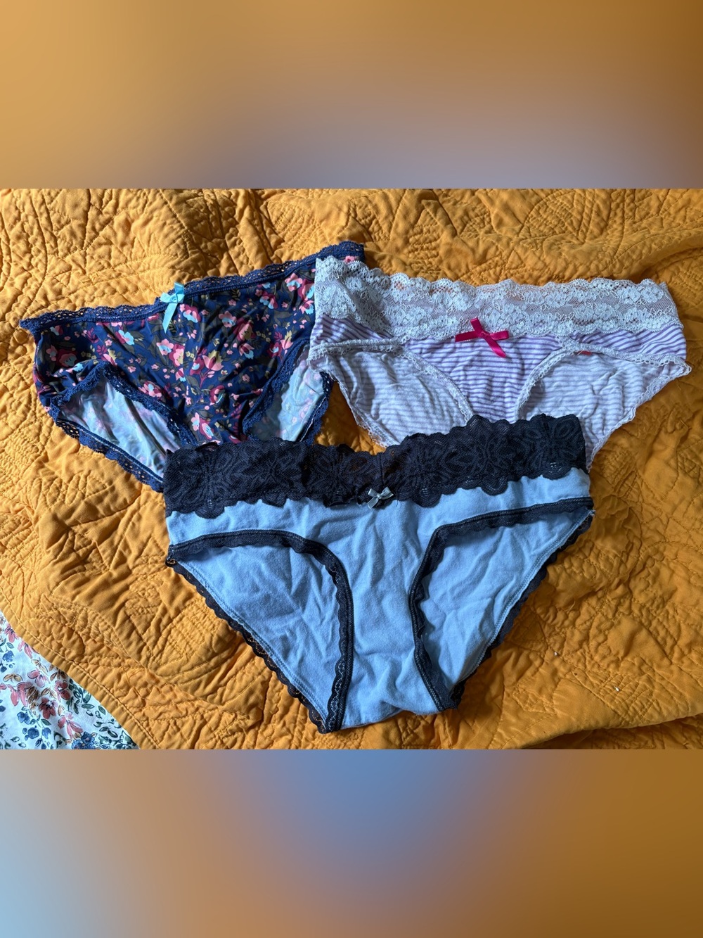 Women's Lace-Trim Bikini Panties - Blue, Navy & Light Gray - Pack of 3